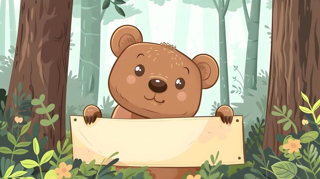 Cute Brown Teddy Bear Holding Blank Wood Sign in Forest - Powered by Adobe