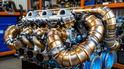 Close up of car engines and exhaust systems  mechanical components and engineering complexity