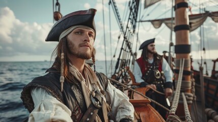 Portrait of medieval ship crew of a vintage sail ship in sea.