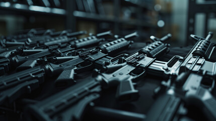 Fototapeta premium Export and import of weapons. Several pieces of dangerous firearms are laid out in a row on the table. The scene is tense and serious