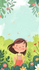 Curious Young Girl Exploring Vibrant Floral Garden Scene with Lush Greenery