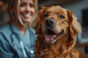 Golden retriever with tongue out, bright eyes, and a veterinarian partially visible