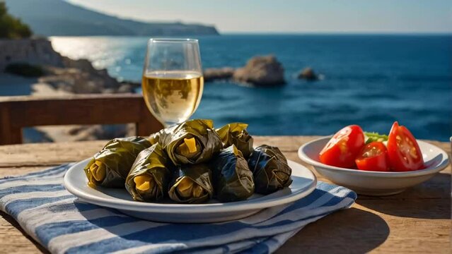 Appetizing dolma in a plate in a tavern against the backdrop of the sea