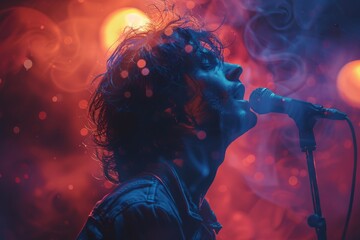 A musician passionately singing into a microphone with dramatic lighting and smoke effects