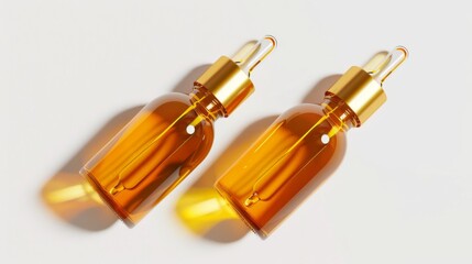 A pair of vibrant orange glass bottles rest elegantly on a clean white table