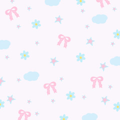 Illustration of pink ribbon, cloud, flower, star for girly pattern, kid clothes, gift wrap, packaging, background, fabric print, wallpaper, backdrop, picnic, spring, summer, blanket, standee, textile