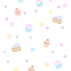 Illustration of cake, cupcake, heart, star for sweet dessert, birthday card, party, gift wrap, packaging, background, fabric, wallpaper, backdrop, kid clothes, picnic, cute pattern, celebration, ads