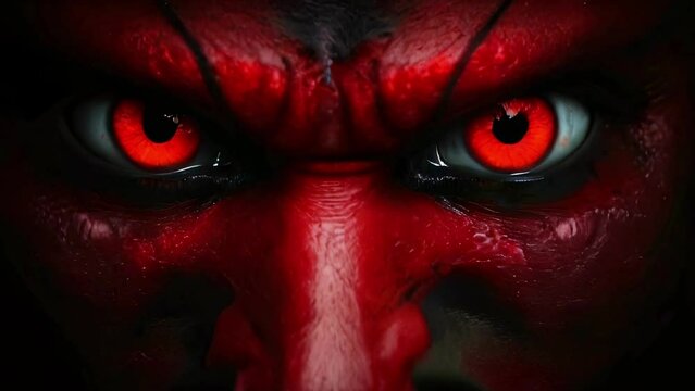 Fierce red eyes on a dark textured face. Demonic eyes. Concept of Halloween, Day of the dead, Dia de los muertos, horror, evil spirits, supernatural beings, demon, devil. Motion