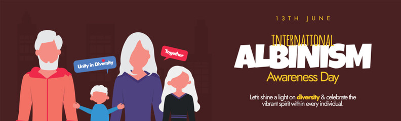 International Albinism awareness day 13th June 2024.13th June Albinism awareness day cover banner, social media post with albinos people, brown background. Celebrate diversity, embrace albinism