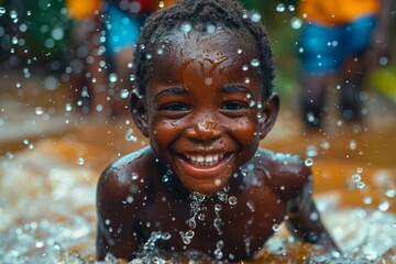 A happy young child is immersed in water, enjoying the sensation of water drops on their face while flashing a bright smile