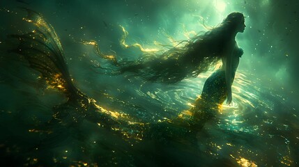 in the deep sea There lived a mermaid. She has shiny blue and green scales. Her long, flowing hair shone like a diamond in the sea as the sunlight shone onto the surface of the water