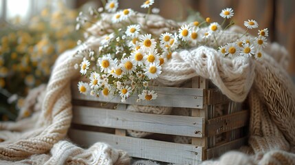 new born backdrop-a cozy and rustic digital backdrop with a wooden crate, fluffy blankets, and dainty floral accents, perfect for capturing the warmth of newborn snuggles