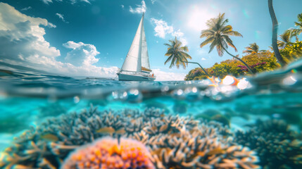 Sailing boat above and sea life fishes with coral beneath underwater in sea.