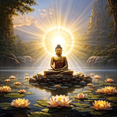 Birth of buddha meditating within a colossal lotus radiant light emanating from petals. Vesak day concept, generative ai.