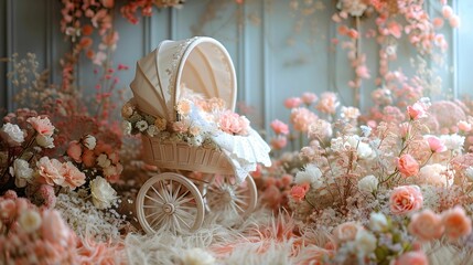 new born backdrop-a timeless and elegant digital backdrop featuring a vintage-inspired baby carriage surrounded by delicate flowers and soft pastel tones