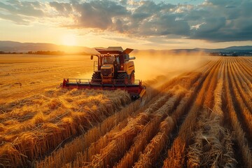 The image captures a combine harvester gathering crops in a golden wheat field at sunset
