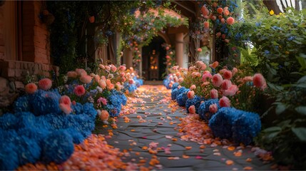 the entrance to the wedding scene is decorated with rice-colored, sam-blue, and blue flowers as the path winds down to the event