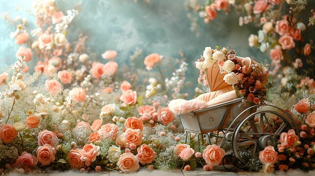 new born backdrop-a timeless and elegant digital backdrop featuring a vintage-inspired baby carriage surrounded by delicate flowers and soft pastel tones