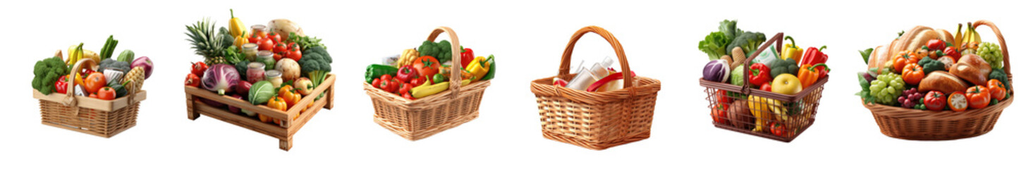Set of basket full of assorted grocery products isolated on transparent background, without background .PNG