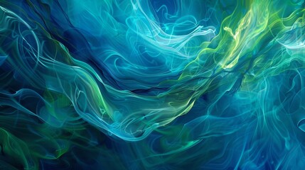 An abstract painting featuring a blend of vibrant blue and green hues. The colors swirl and overlap, creating a dynamic and visually engaging composition.