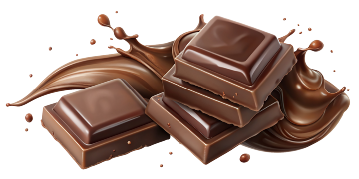 Realistic falling chocolate pieces isolated on a transparent background. Levitating defocusing milk chocolate chunks. Applicable for packaging background, advertising, etc