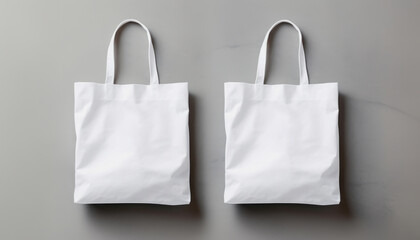 Two Blank White Eco-Friendly Shopping Bags Mockup On Grey Background. White Tote Bags Mock Up Ready For Branding. Generative AI