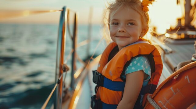 Portrait of a little girl with lifejacket on deck of a yacht in sea.