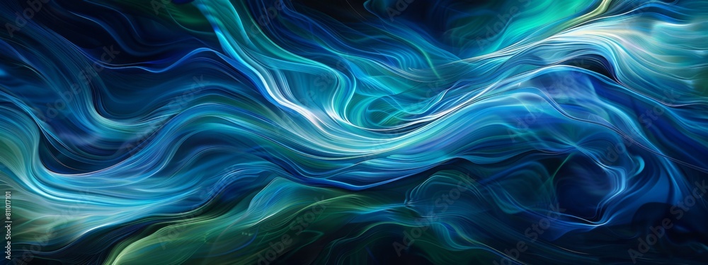 Fototapete an abstract painting featuring swirling blue and green waves with varying brush strokes and textures