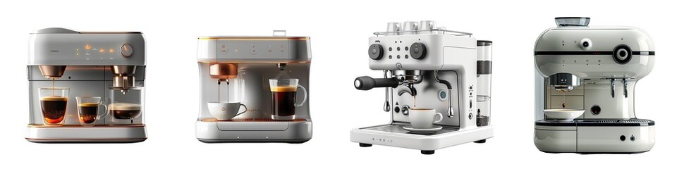 Pack of coffee machine with fully equipped isolated on transparent background, png