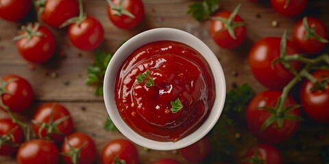 Top-view of  tomatoes &  tomato ketchup  on a table " ai generated "