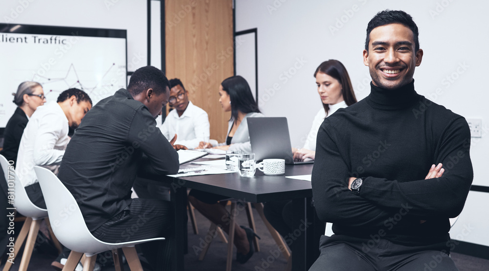 Poster Meeting, crossed arms and portrait of businessman in office for collaboration in sales pitch ideas. Smile, confident and professional male manager working with team for crm planning in workplace.