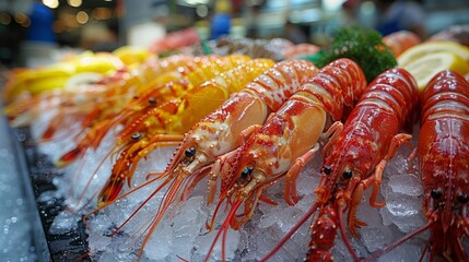 seafood market display, vibrant shrimp, crabs, and lobsters chilling on ice at a market seafood...