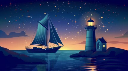 A vintage sailing ship with a lighthouse in sea at night with starring sky