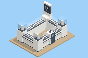 Isometric Elegant jewelry. Jewellery gold and silver ring with diamonds or gemstones. Cartoon jewellery shop showcase. Golden jewel shop