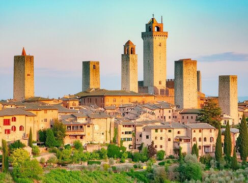 Medieval San Gimignano hill town with skyline of medieval towers. Sienna, Italy.
