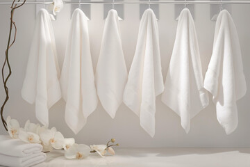 white towels, The backdrop is a pristine canvas of white, creating an atmosphere of purity and serenity that sets the stage for ultimate relaxation