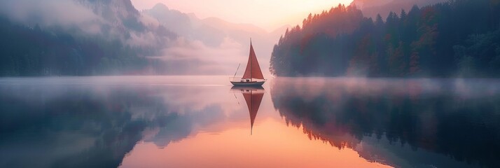 A sailing boat in tranquil lake water with mountain forest and reflection at sunrise - Powered by Adobe