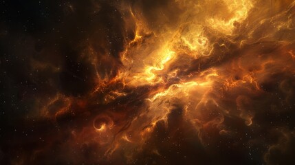 A vibrant display of interstellar clouds with swirling fire-like patterns against the darkness of outer space.