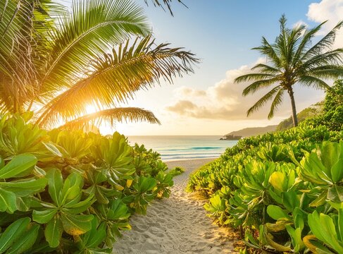Sandy path leading to a tranquil, turquoise beach framed by lush green tropical plants