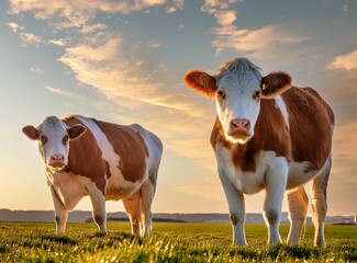 Two majestic cows stand proudly on a lush green field, grazing peacefully under the vast open field.