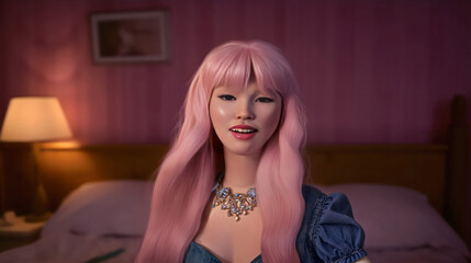 Android or otaku's asian love doll smiling, realistic bot in bedroom, real size model toy in silicon sitting on bed, a lamp is lit, she has long pink hair, a necklace, inanimate glamour girlfriend