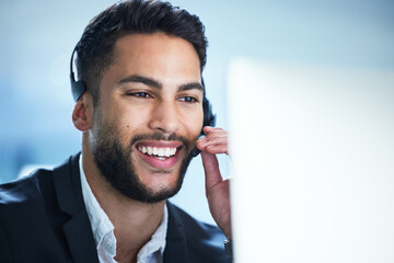 Happy, man and advice in call center office with consultant for customer support, chat or helping a...