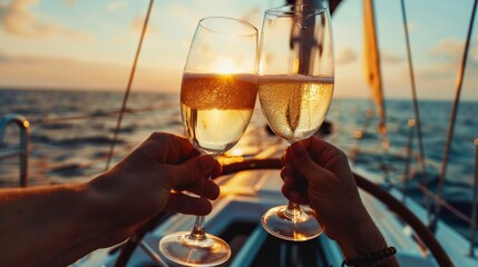 Obraz premium Hands holding wine glasses clink on luxury yacht in sea.