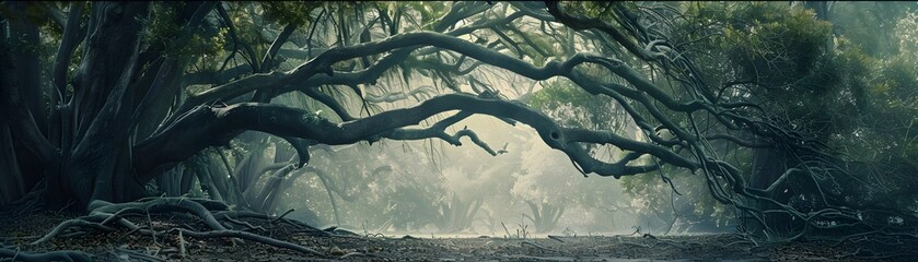 Forbidden Embrace Amidst Gnarled Branches of Rival Trees in Enchanting Forest Landscape