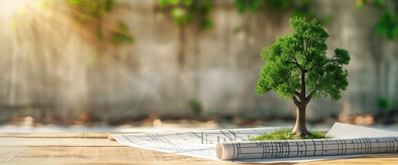 green tree model and construction blueprints on wooden table, eco friendly building concept banner with available space area. The tree model and blueprints were on the table