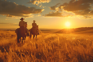 A father and son wearing cowboy hats ride horseback across a vast prairie landscape, the sun setting behind them.