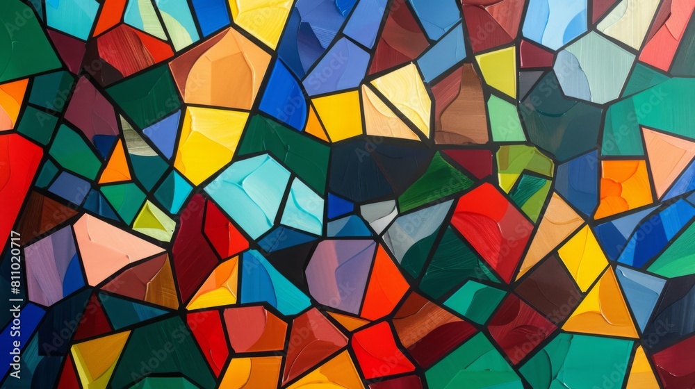 Fototapete A colorful array of geometric shapes form a mosaic pattern, showcasing a spectrum of vibrant hues.