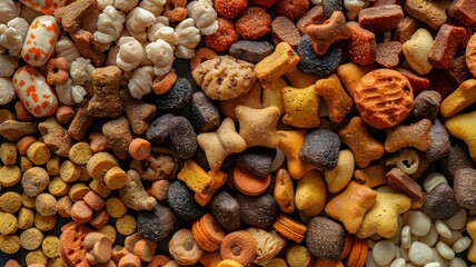 background for a pet store. Assortment of dry pet food. A daily diet of varying shapes and textures.	