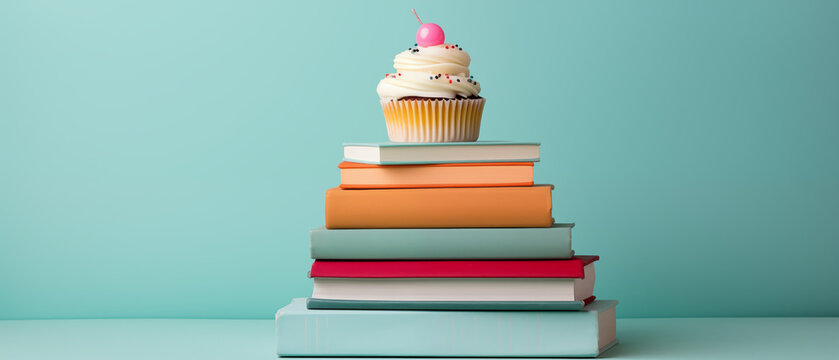 Cupcake on a Stack of Colorful Books against a Pastel Background