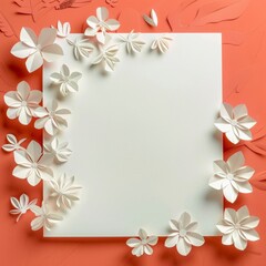 Obraz premium Blank white canvas surrounded by flowers. Decorative greeting card, background for invitations, birthdays or weddings.